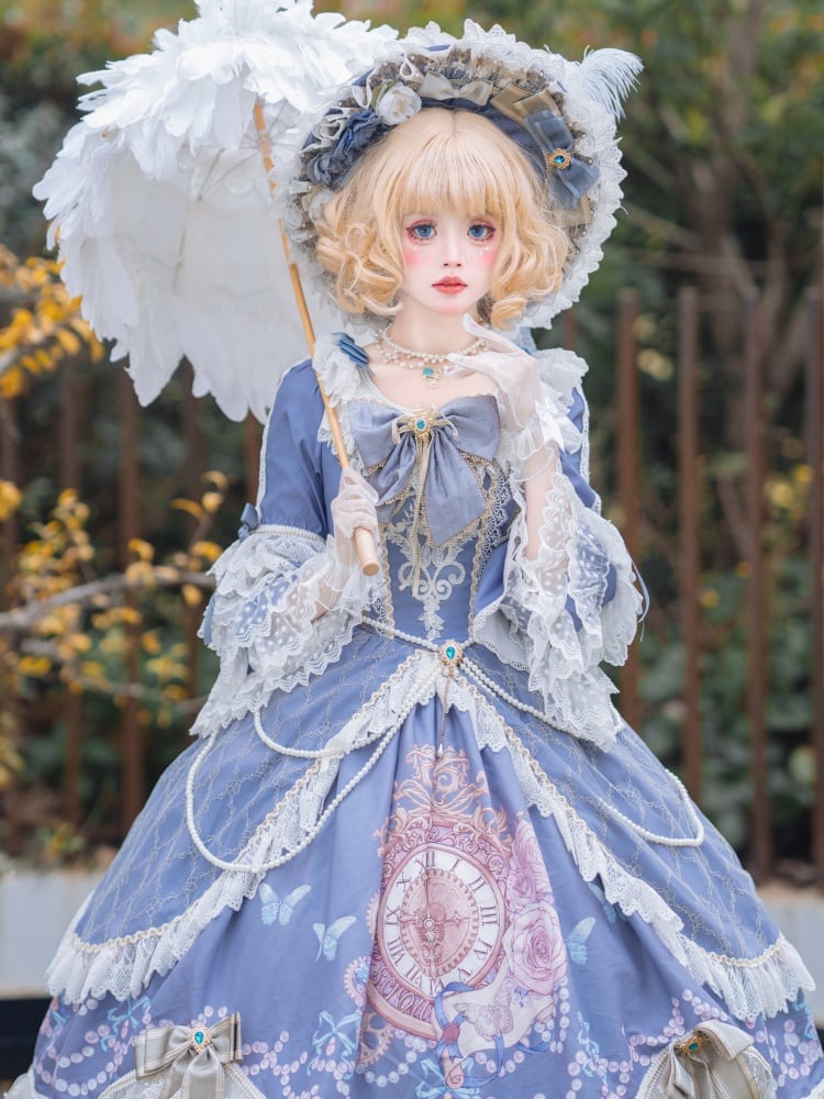 Blue Clock and Butterfly Print Gorgeous Hime Layered Ruffle Hemline One Piece - Sukuroi