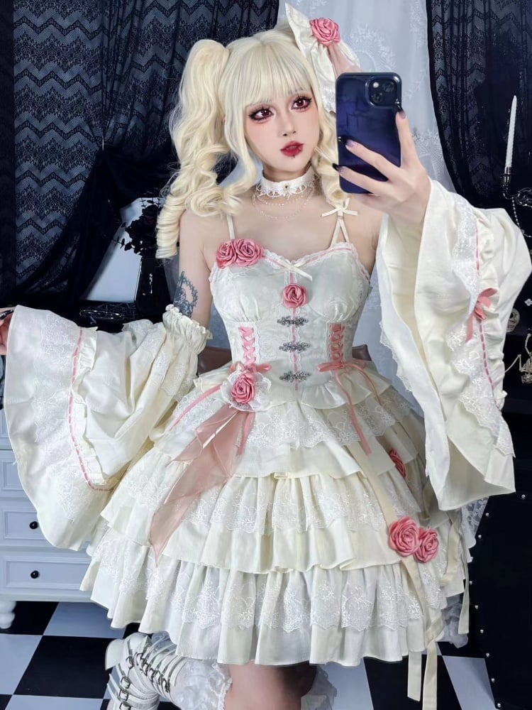White and Pink Rosette Jumper Skirt Pastel Goth Jacquard Dress/Full Set with Birdcage Skirt