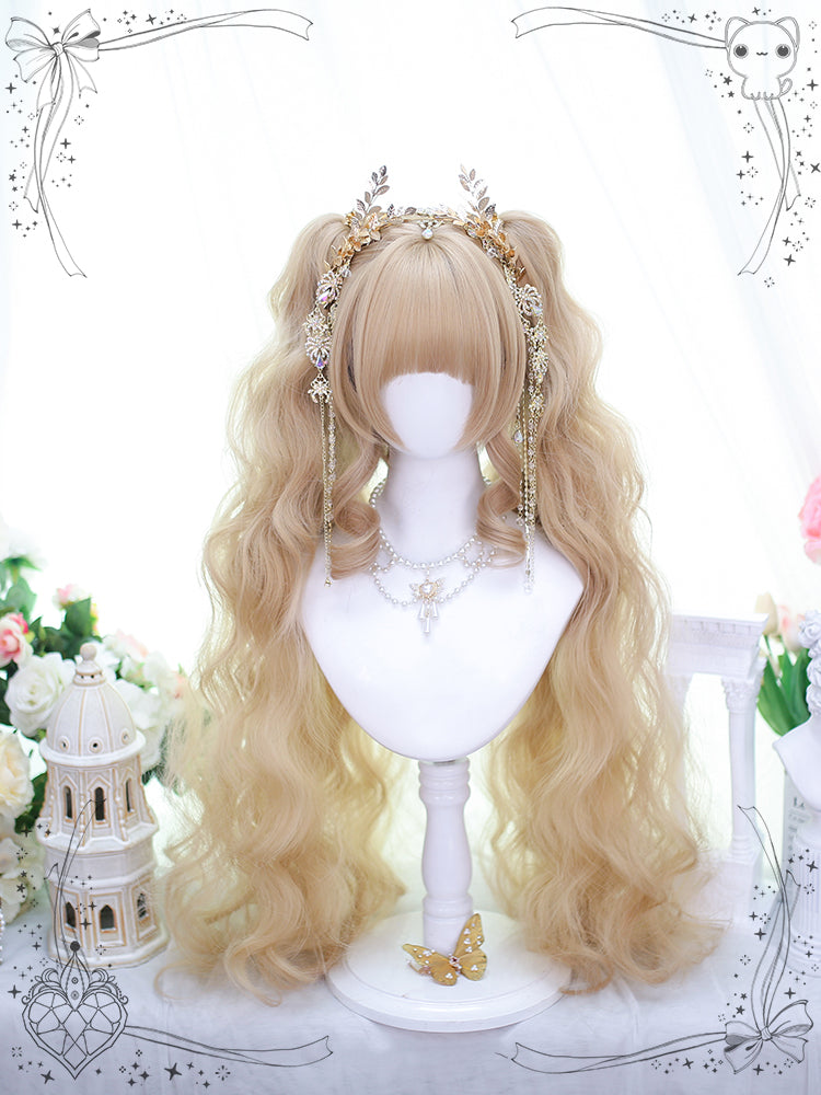 Gold Short Straight Wig with Long Wavy Double Ponytails