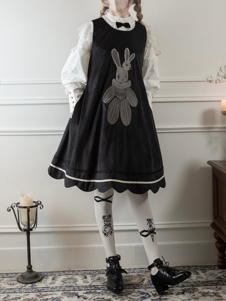 Black Velvet Bunny Embroidery Scallop Trim Hemline Jumper Skirt - Sukuroi