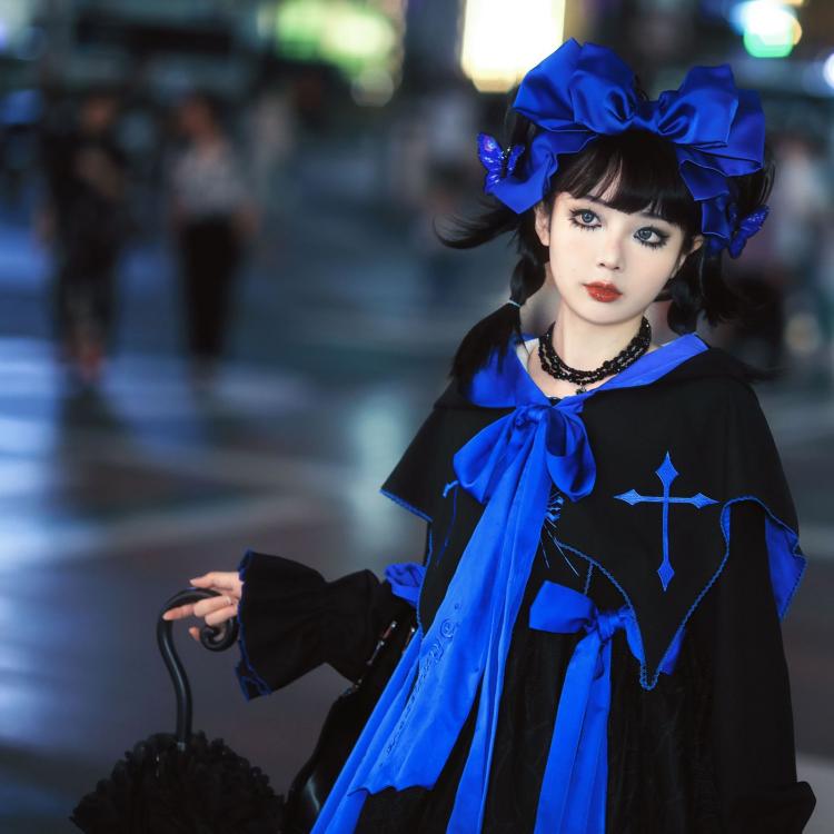 Black and Klein Blue Cross Embroidery Ruffle Hemline Long Sleeves Lolita OP