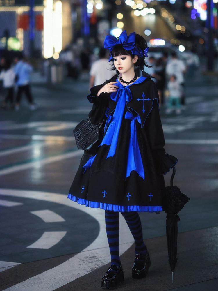 Black and Klein Blue Cross Embroidery Ruffle Hemline Long Sleeves Lolita OP