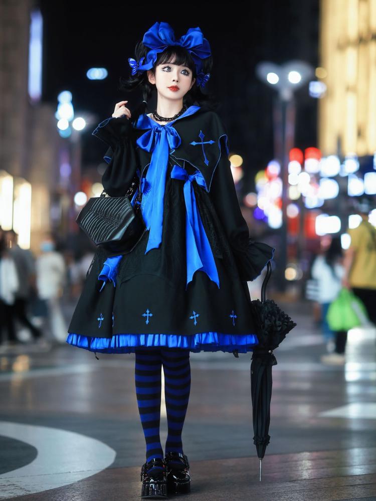 Black and Klein Blue Cross Embroidery Ruffle Hemline Long Sleeves Lolita OP