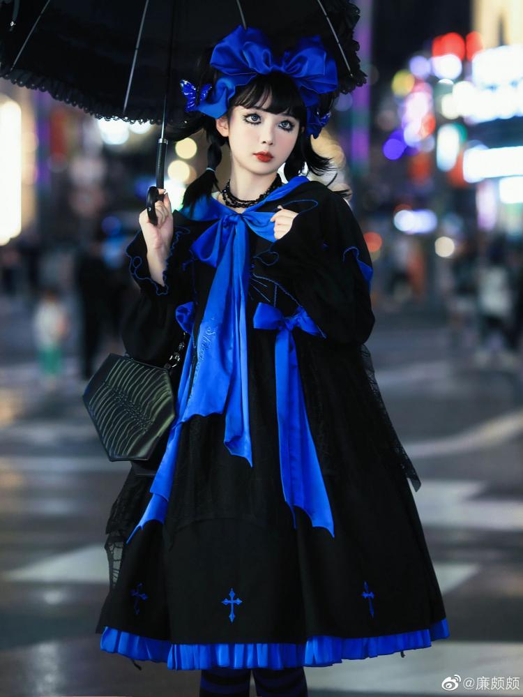 Black and Klein Blue Cross Embroidery Ruffle Hemline Long Sleeves Lolita OP