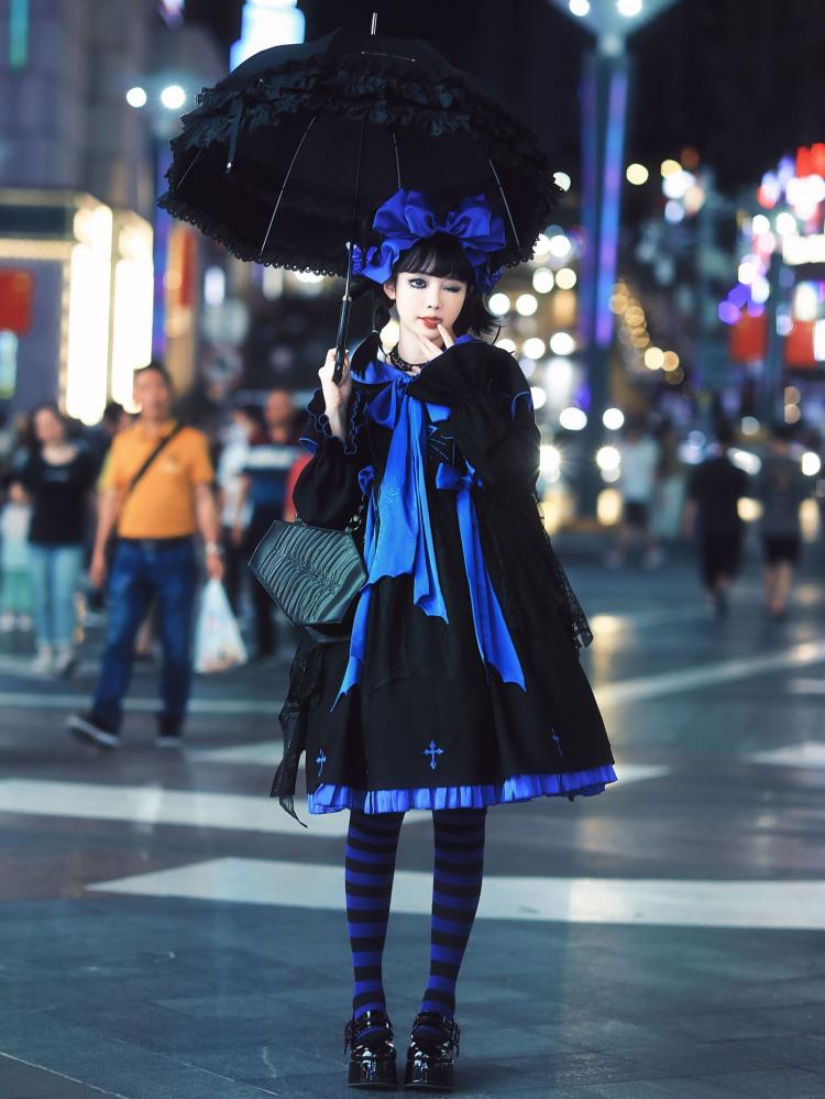 Black and Klein Blue Cross Embroidery Ruffle Hemline Long Sleeves Lolita OP