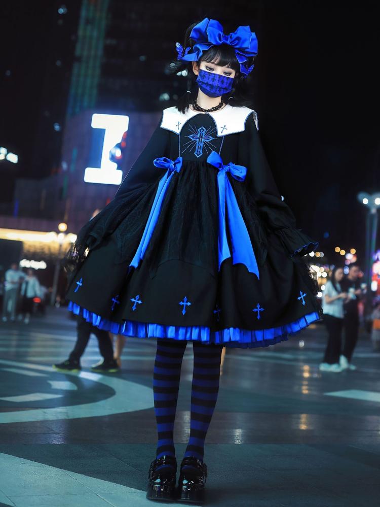 Black and Klein Blue Cross Embroidery Ruffle Hemline Long Sleeves Lolita OP