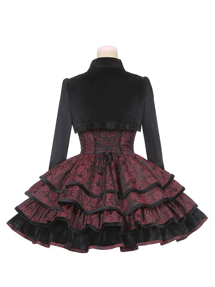 Rose Pattern Wine Red Sweetheart Neckline Gothic Jumper Skirt Lace-up Detail