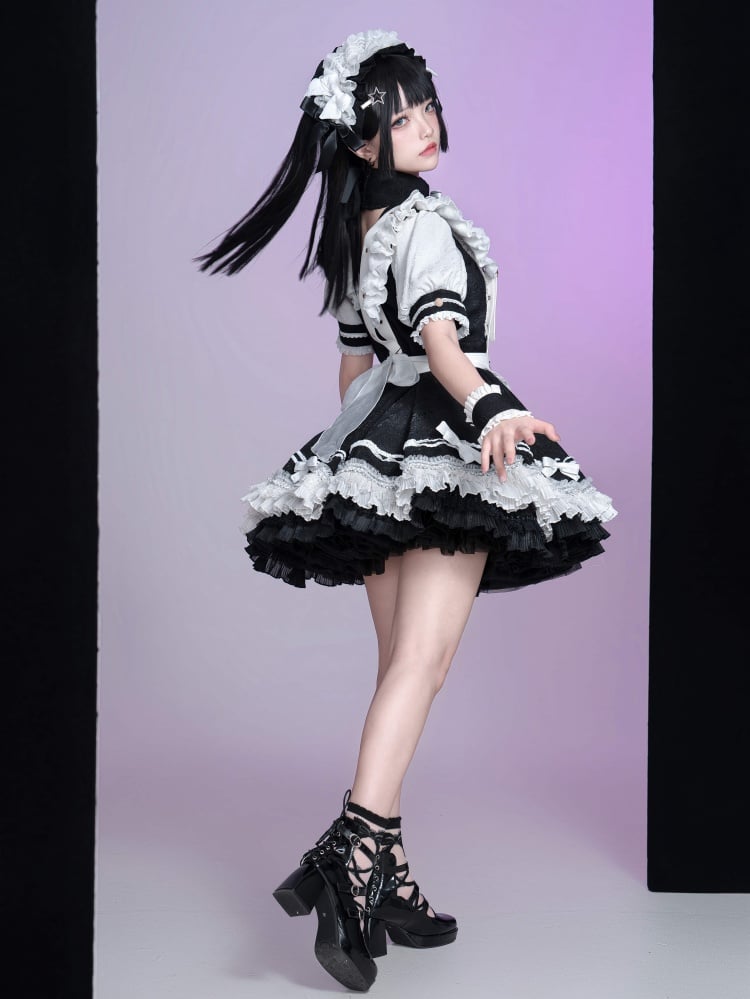 Black and White Punk Maid Dress Short One Piece + White Apron - Sukuroi