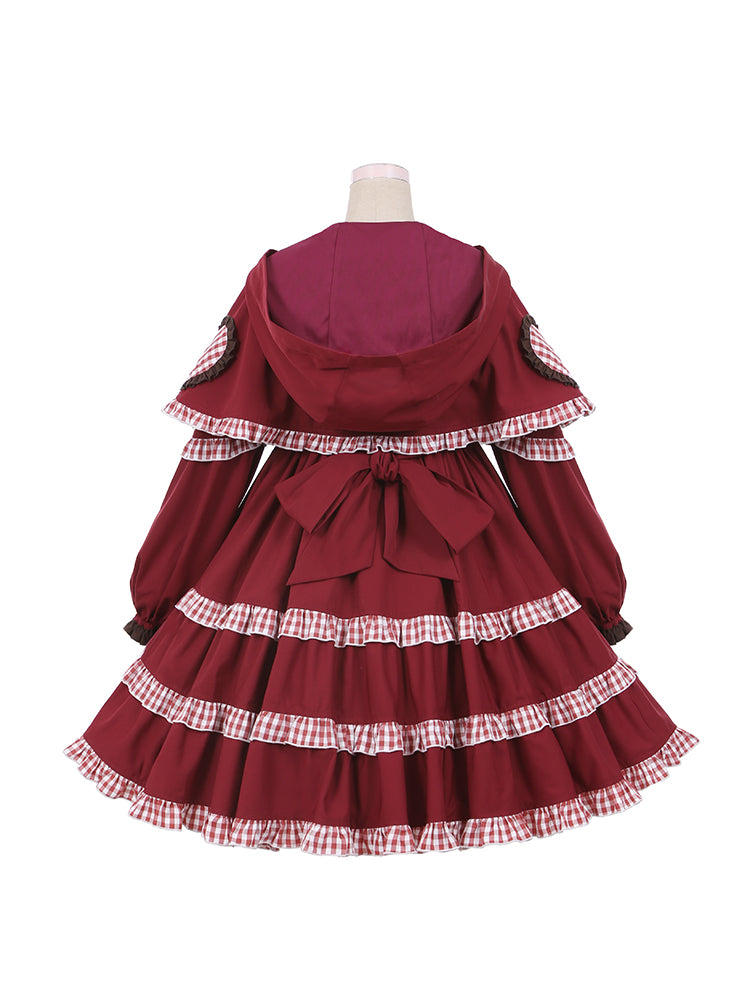 Little Red Riding Hood Full Set - Bowknot Details Empire Waist Sweet One Piece + Hooded Cape