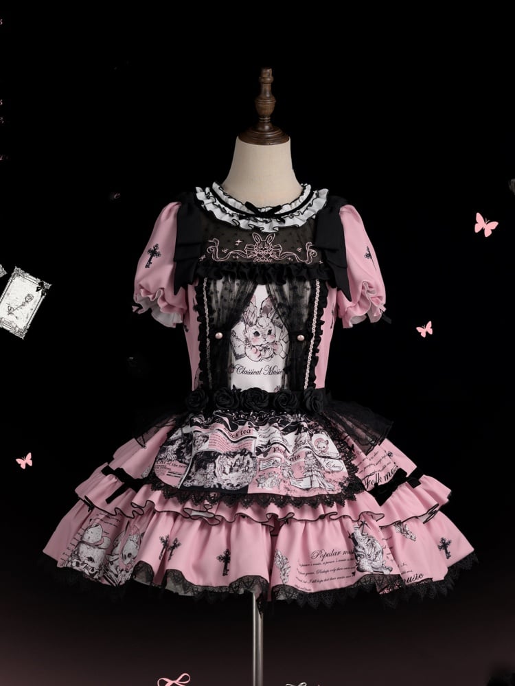 Black and Pink Cross and Bunny Print One Piece with Detachable Sleeves - Sukuroi