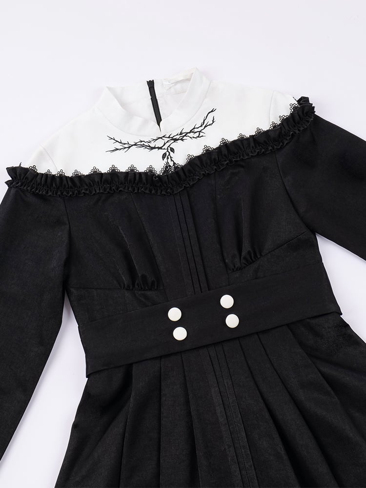 Embroidery Banded Collar Black and White Nun One Piece