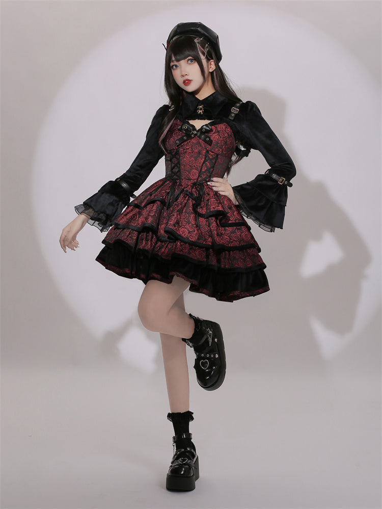 Rose Pattern Wine Red Sweetheart Neckline Gothic Jumper Skirt Lace-up Detail