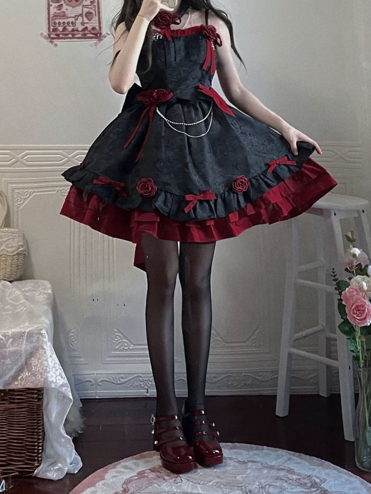 Black and Dark Red Gothic Rosette Dress Basque Waist Jumper Skirt