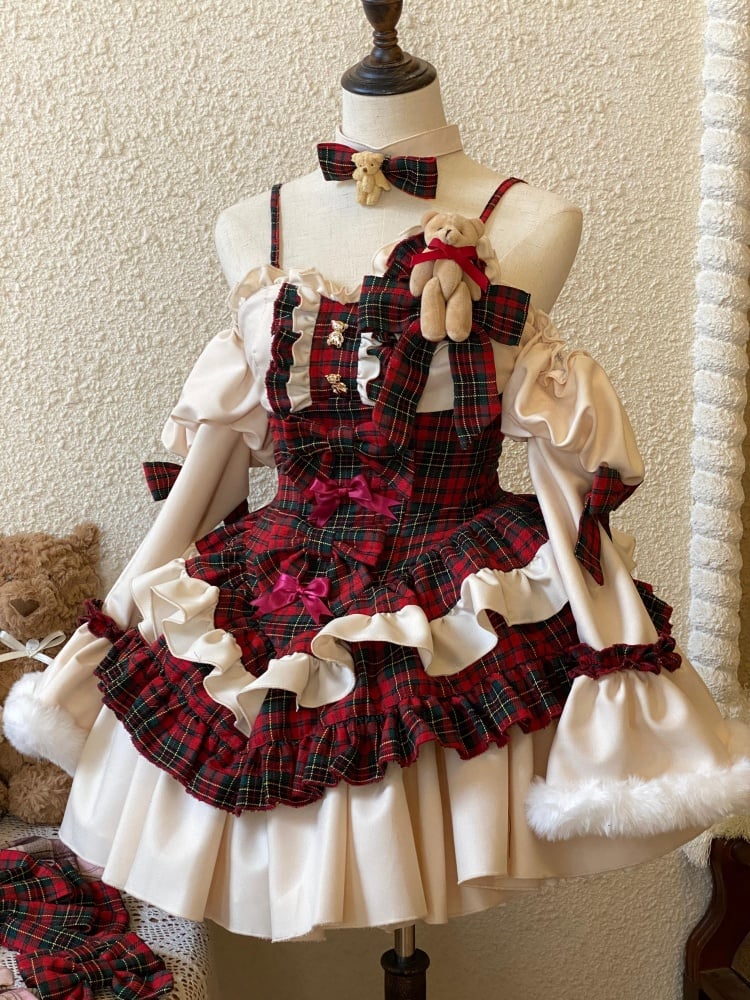 Christmas Red Plaid Pattern Teddy Theme Strapless Dress + Sleeves