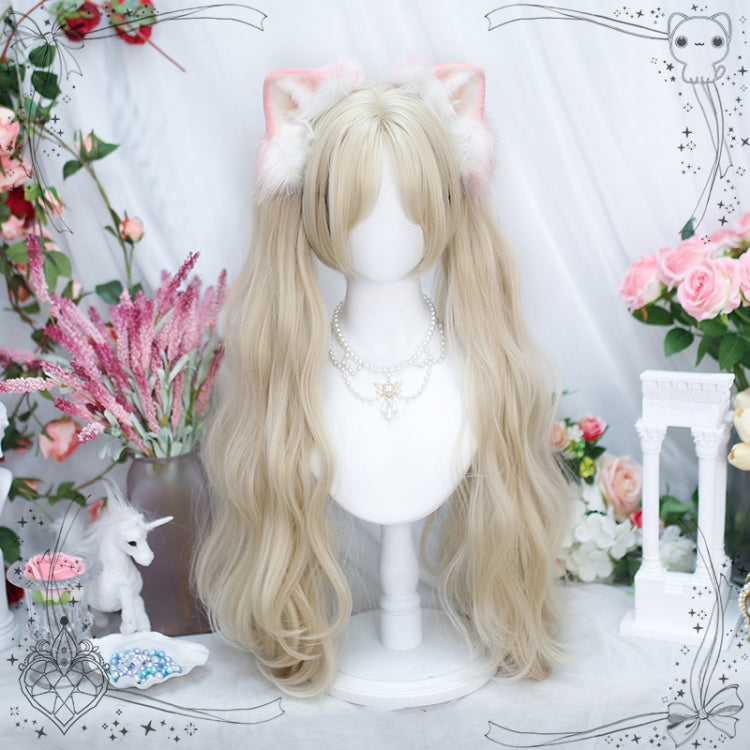 Pastel Color Chin Length Synthetic Wig + Long Wavy Double Ponytails