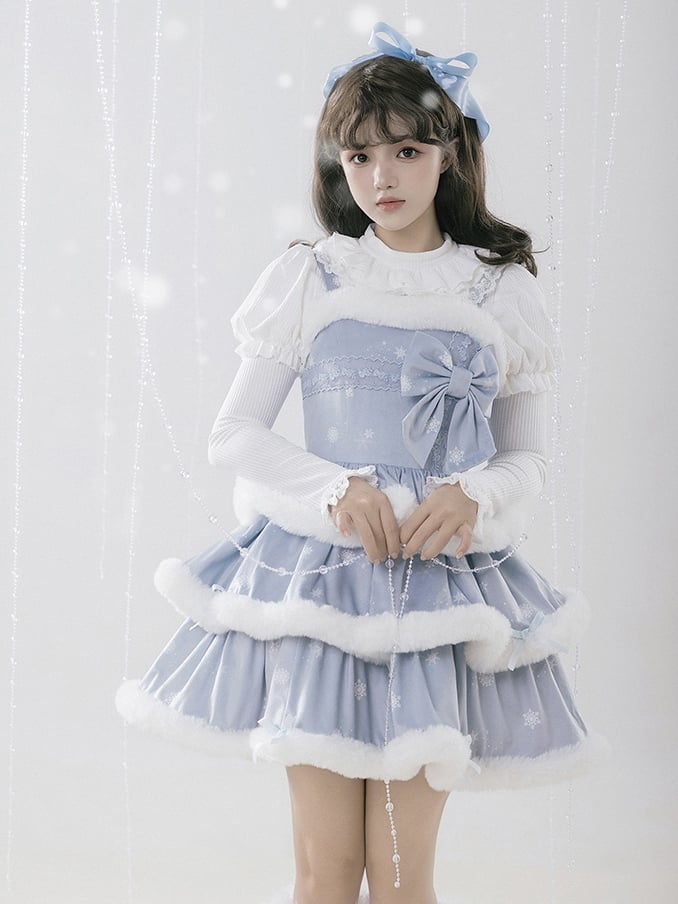 Blue Snowflake Print White Plush Trim Tiered Jumper Skirt - Sukuroi