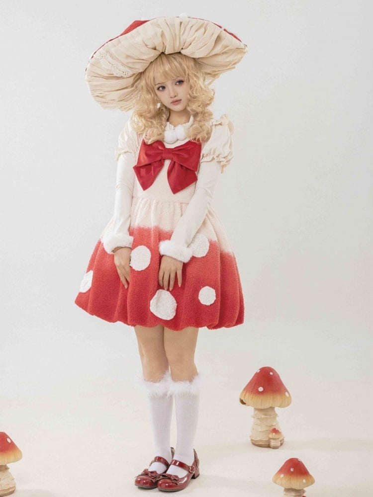 Red Mushroom Bubble Jumper Skirt White Spot Applique