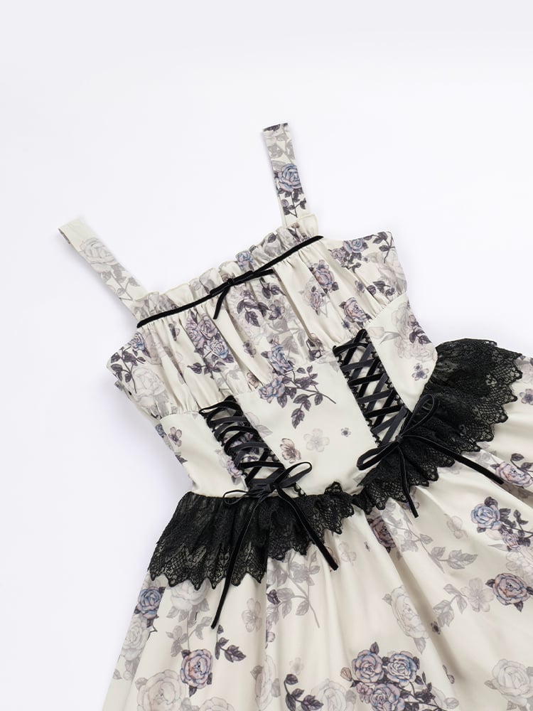 Elegant Rosette Print Beige and Black Basque Waist Jumper Skirt