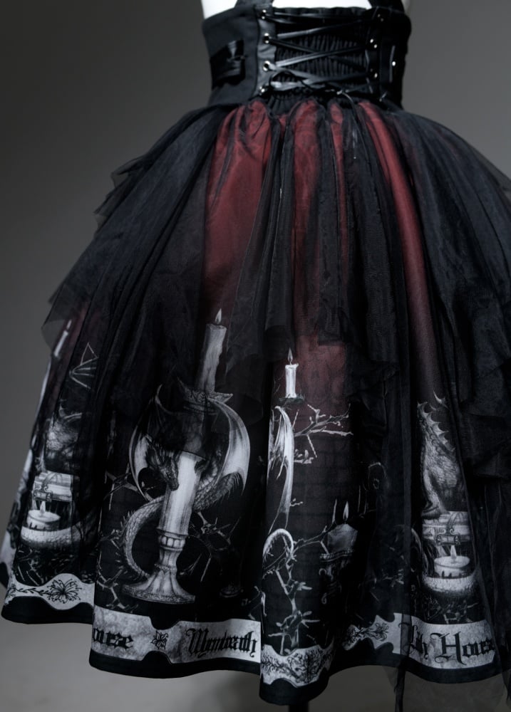 Dragon's Breath Black and Red Dragon and Candle Print Gothic Skirt with Straps - Sukuroi