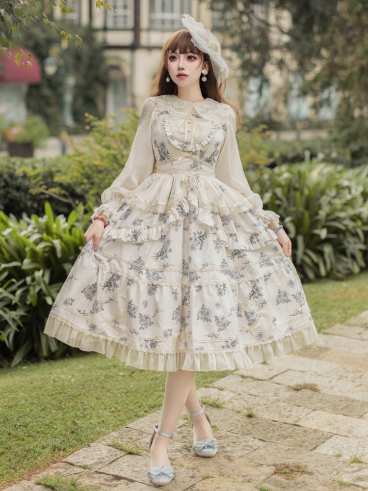 Apricot Elegant Floral Dress Rosette Print Jumper Skirt - Sukuroi