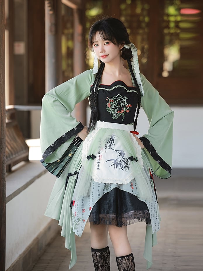 Green and Black Snake and Bamboo Embroidery Bodice Han Lolita Dress