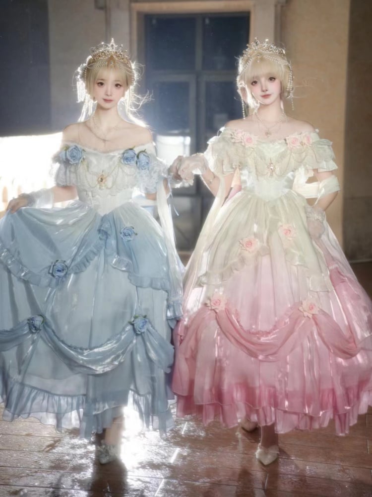 Blue Ombre Fairy Princess Dress Roses Decorated Hime Lolita Tea Party Dress - Sukuroi