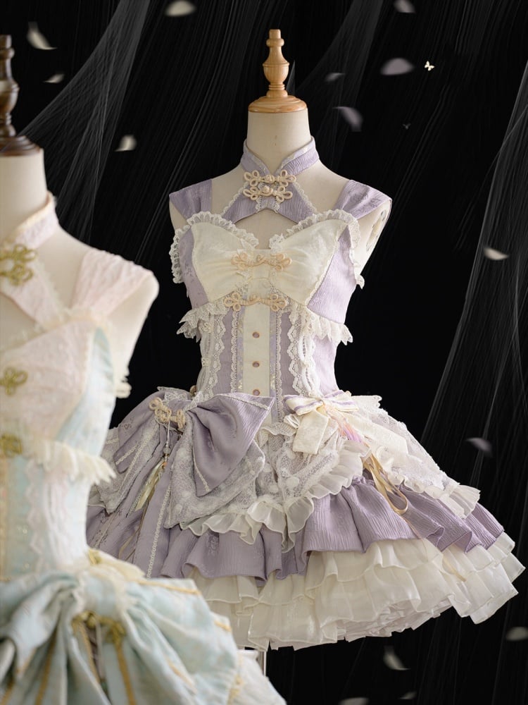 Purple and White Detachable Collar Qi Tiered Ruffles Jumper Skirt - Sukuroi