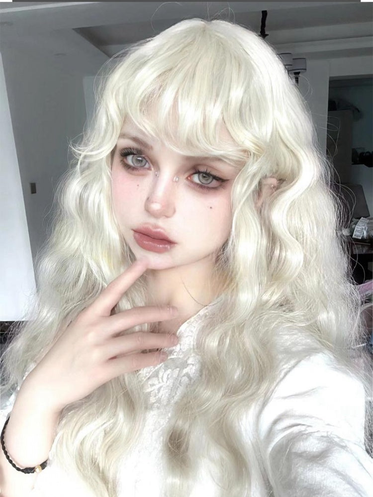 White Wavy Synthetic Wig with Curly Bangs