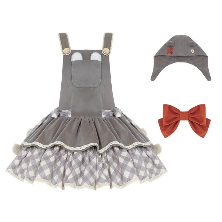 Gray Winter Bear Theme Overalls with Detachable Hood and Bowknot