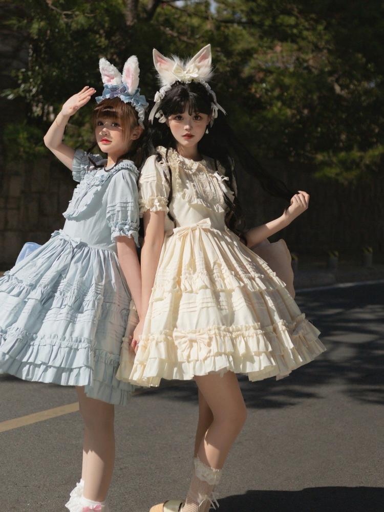 Summer Blue Bowknot Details Ruffle Skirt One Piece
