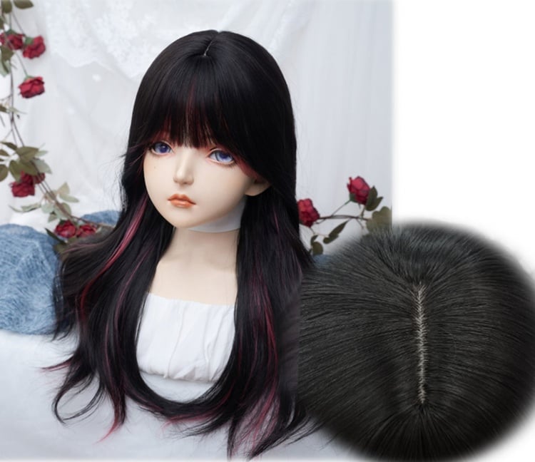 Rose Red Highlight and Black Long Wavy Synthetic Wig