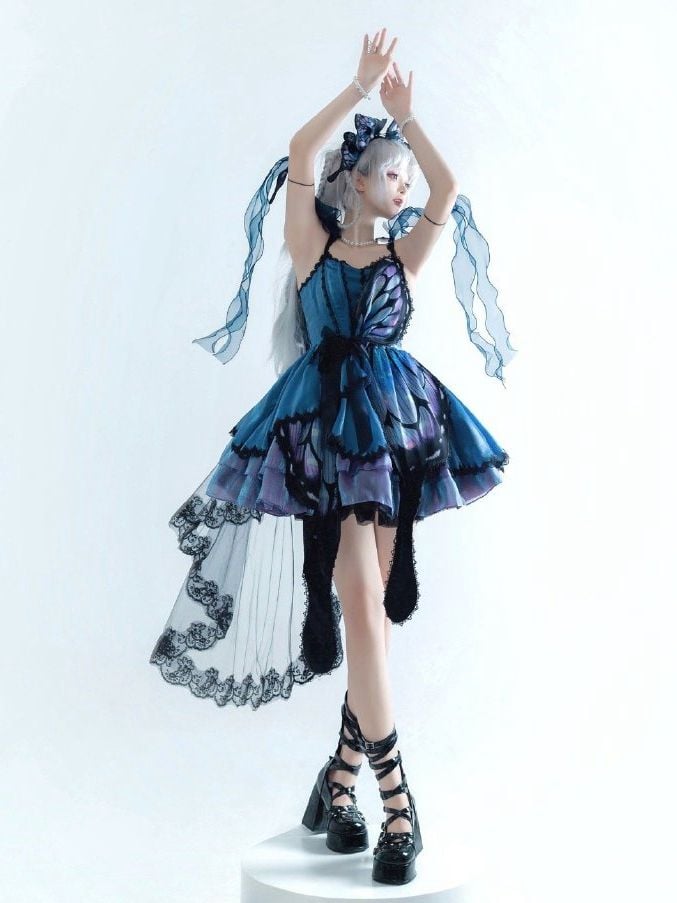 Blue-Purple Butterfly Jumper Skirt Full Set Gothic Princess Dress with Butterfly Train