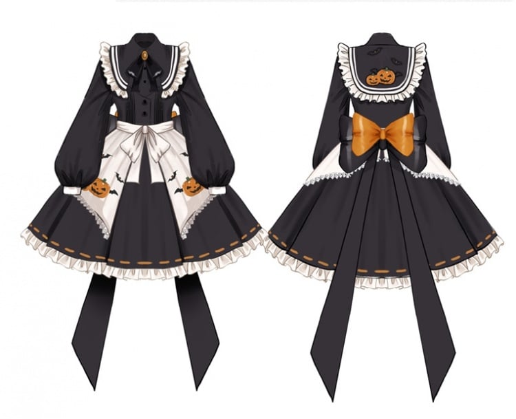 Halloween Sweet Witch Dress Full Set-Black One Piece+Pumpkin Embroidery Cape+White Apron+Bow Train