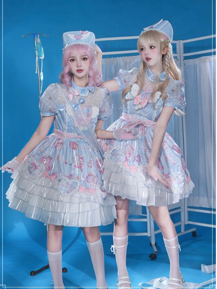 Light Blue Bunny Print One Piece Puff Sleeves Sweet Dress