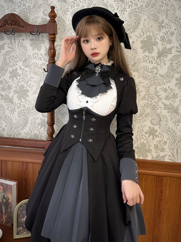 Black Autumn Dress and Open Bust Outwear Set Dark Academia Fashion