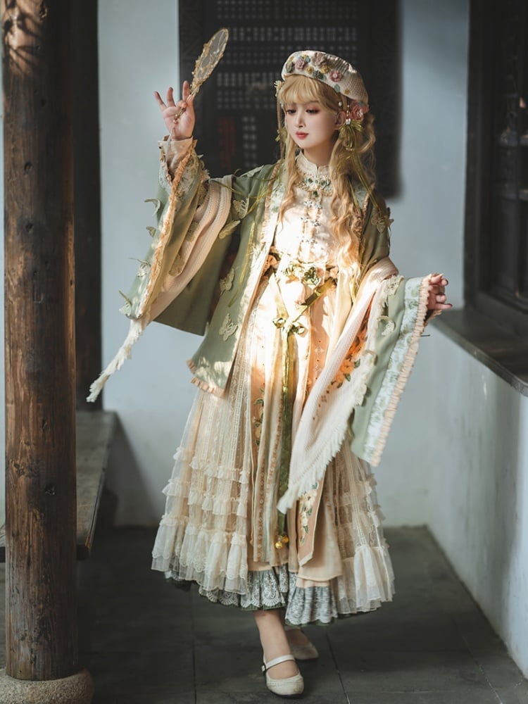 Beige and Green Long Sleeves Lolita Dress OP / Full Set