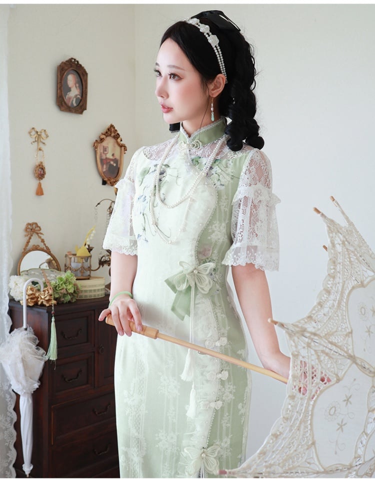 Light Green Figs and Floral Print Elegant Qipao Dress