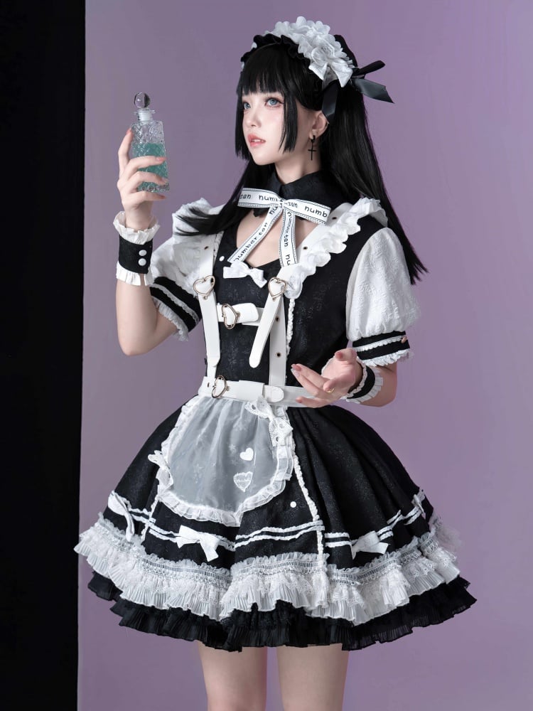 Black and White Punk Maid Dress Short One Piece + White Apron - Sukuroi