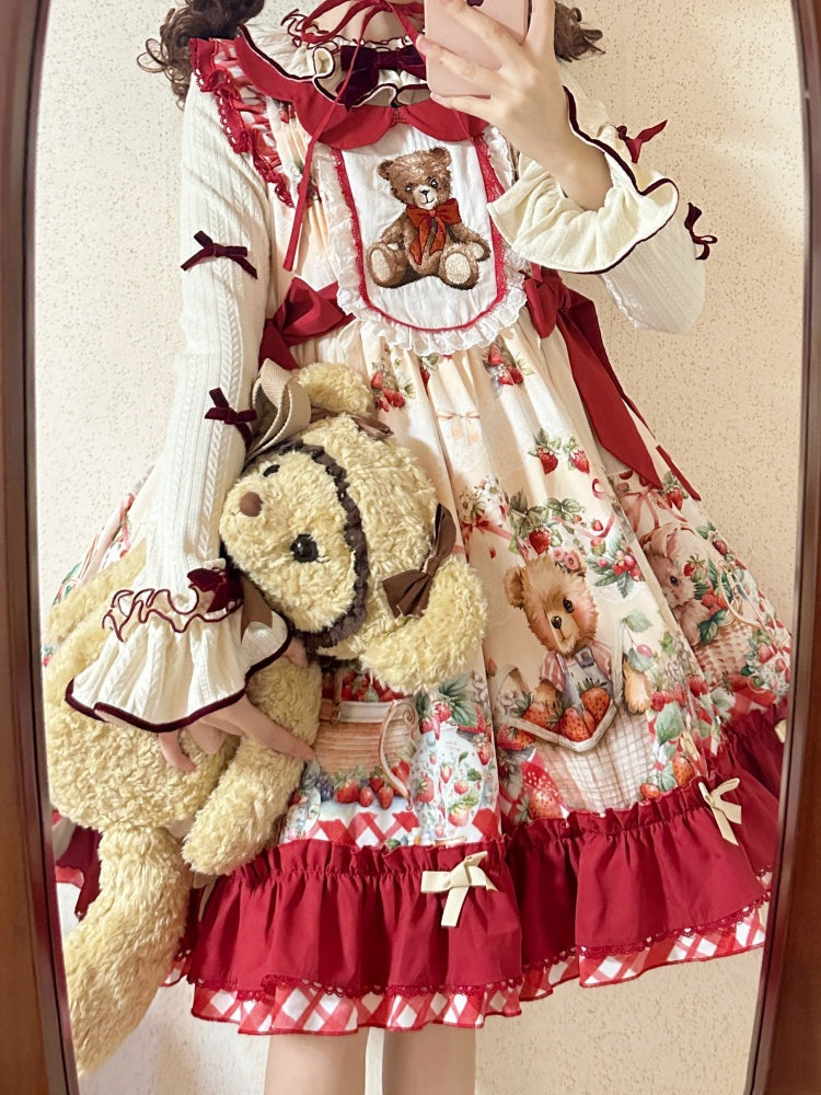 Bear Embroidery and Strawberry Print Red Sweet Jumper Skirt