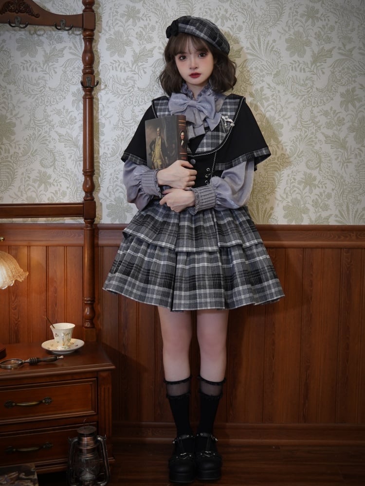 Dark Academia Fashion Little Detective Plaid Dress Black and Gray Jumper Skirt + Cape Set