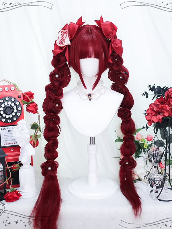 Carmine Red Short Wig + Hand Braided Roses Double Ponytails