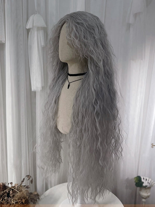 Grey 120CM Long Wavy Synthetic Wig with Curly Bangs