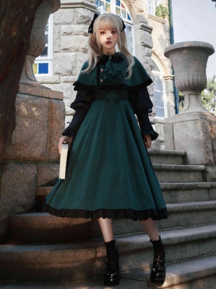 Dark Academia Fashion Slytherin Green and Black Leg-of-Mutton Sleeves One Piece