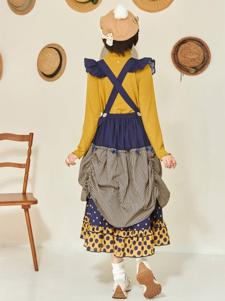 Dark Blue and Yellow Polka-dot Overalls Drawstring Hem