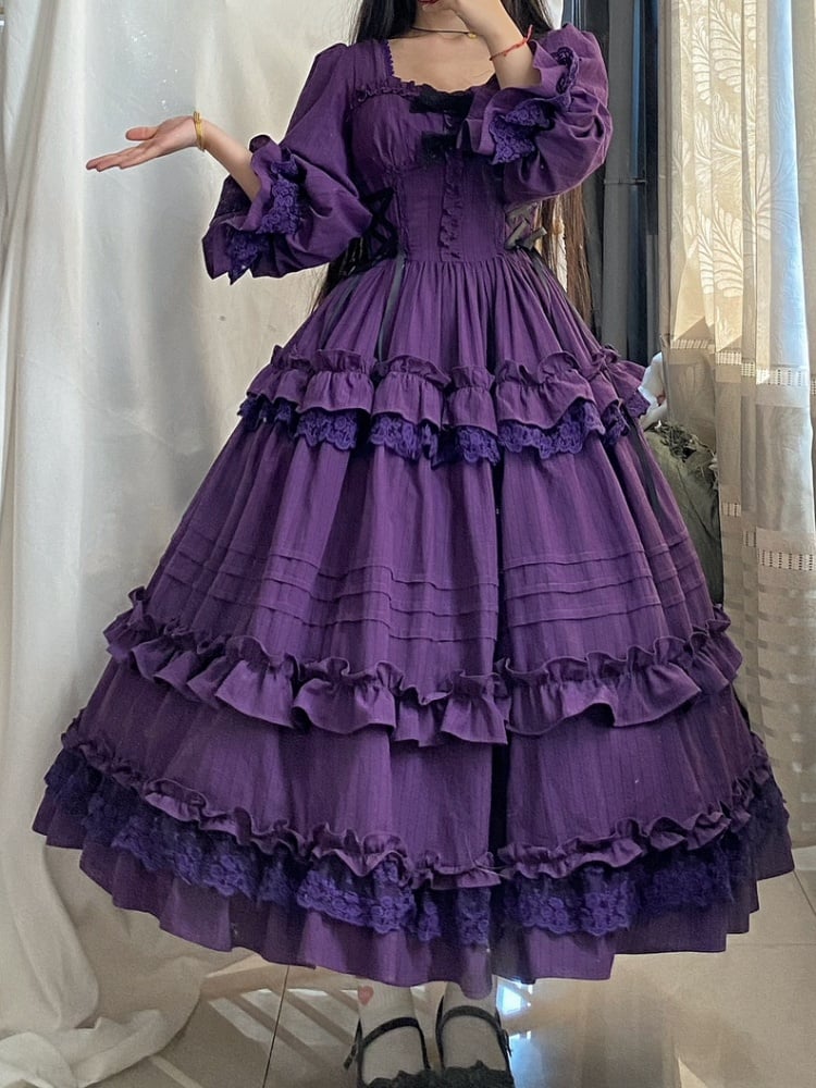 Clearance-Size S for Bust 84CM Purple Cotton Ruffle Dress One Piece with Separate Corset Belt - Sukuroi