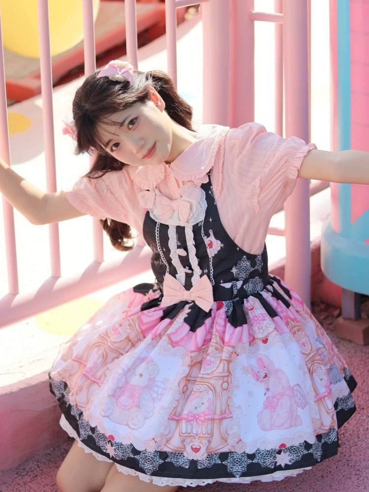 Pink Peter Pan Collar Shirt / Black Teddy High Waist Overalls