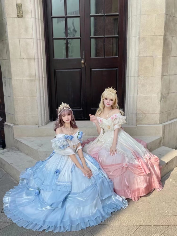 Blue Ombre Fairy Princess Dress Roses Decorated Hime Lolita Tea Party Dress - Sukuroi