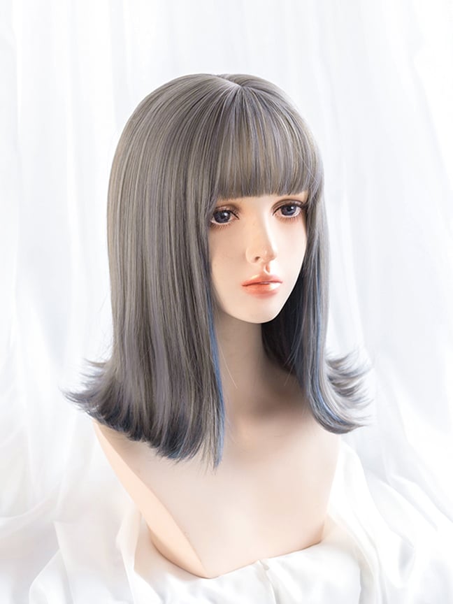 Dusty Blue Highlight Shoulder Length Synthetic Wig