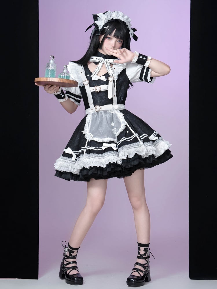 Black and White Punk Maid Dress Short One Piece + White Apron - Sukuroi