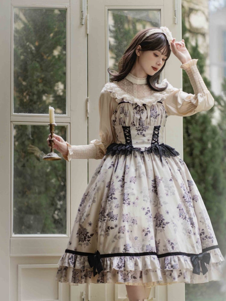 Elegant Rosette Print Beige and Black Basque Waist Jumper Skirt